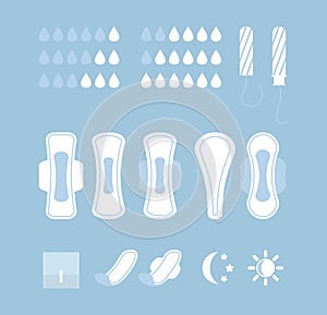 Vector illustration set of feminine hygiene products on blue background. White napkins, pads and tampons, infographic