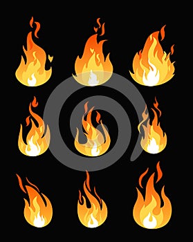 Vector illustration set of fire flames different shapes. Flaming symbols collection. Hot energy concept in flat cartoon
