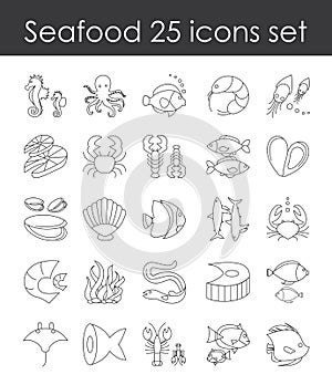 Vector illustration set of fish and seafood outline icon, collection of elegant thin line elements fish goods on white