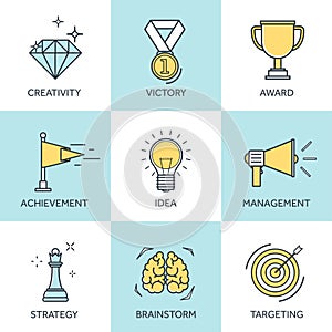 Vector illustration set. Flat business concept background. Achievement mission. Aim and new idea, goal reward. Smart