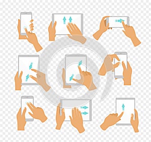 Vector illustration set of flat hand icons showing commonly used multi-touch gestures for touchscreen tablets or