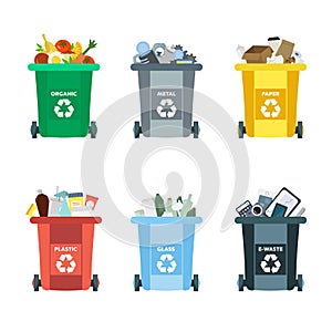 Vector illustration, set of flat logo symbols. Recycling garbage elements. Sorting and processing of garbage. Utilize