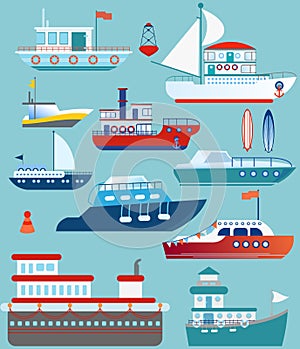 Vector illustration set of flat yacht, boat, cargo ship, steamship, ferry, fishing boat, bulk carrier, vessel, boat