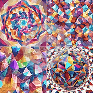Vector illustration. Set of four abstract backgrounds in low poly style. Illusion with triangles. Low poly graphics style.