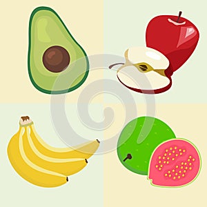 vector illustration of a set of fruits for symbol or sign, avocado, guava, banana, apple