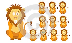 Vector illustration set of funny cartoon little brown wild lion with facial Expressions