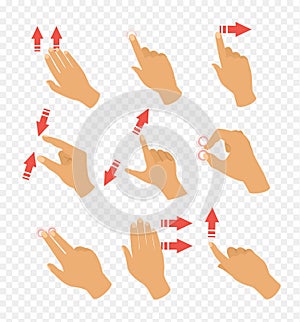 Vector illustration set of gestures icons for touch devices. Pointer arrows and hand, laptop and move. Fingers touch in photo