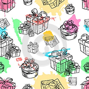 Vector illustration set of gift boxes with bows and ribbons.Hand drawn sketch