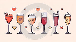 Vector illustration of a set of glasses of wine and champagne with hearts on a light background