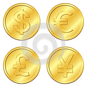 Vector illustration. Set of gold coins with 4 major currencies. Dollar, Euro, Pound sterling, Yuan or Yen. Chips. Editable photo