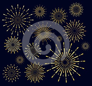 Vector illustration set of golden firework salute burst on dark background. Salute collection in night sky background.