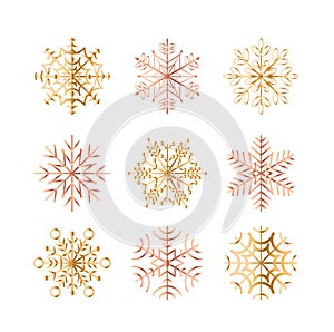 Vector illustration set of golden snowflakes on white background. Snowflakes collection in golden and rose gold colors