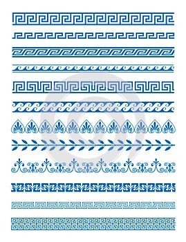 Vector illustration set of Greek patterns and ornaments on white background. Wave and meander decorative elements set