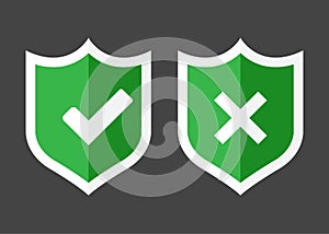 Vector illustration set of green shield with tick and cross. Symbol of protection and reliability