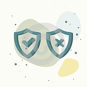 Vector illustration set of green shield with tick and cross. Symbol of protection and reliability on multicolored background