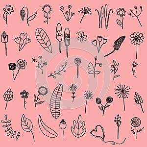 Vector illustration set of hand drawn flower leaf doodle as graphic design floral elements