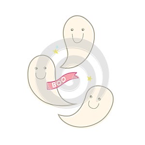 Vector illustration. Set of handdraw ghosts and boo for Halloween greeting card. Isolated, on white background