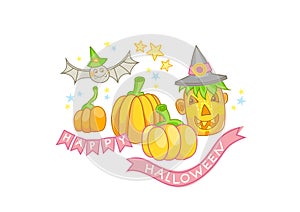 Vector illustration. Set of handdraw pumpkins, fly bats, stars, Pumpkin Jack, isolated, on white background