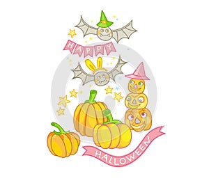 Vector illustration. Set of handdraw pumpkins, fly bats, stars, Pumpkin Jack, isolated, on white background
