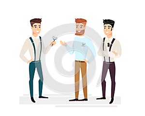Vector illustration set of handsome barbers. Cartoon trendy hipster barber men, happy and smiley hair masters men photo