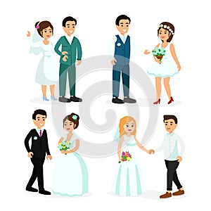 Vector illustration set of happy characters bride and groom isolated on white background in cartoon flat style. Element