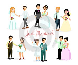 Vector illustration set of happy characters bride and groom isolated on white background in cartoon flat style. Wegging