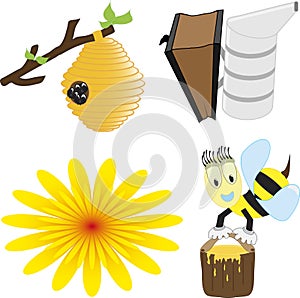 A vector illustration set of honey bee related icons like happy honey bee