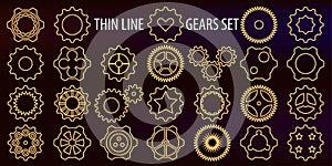 Vector illustration. A set of icons in the form of thin line gears as a symbol of machanica, engine work, architecture and ideas f