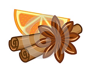 Vector illustration set of ingredients for mulled wine spices. A slice of orange fruit, cinnamon sticks and star anise