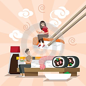 Vector illustration of a set of Japanese sushi meal