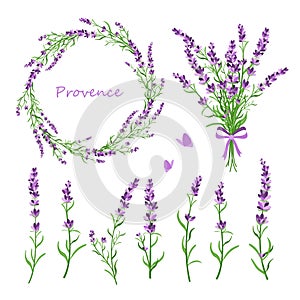 Vector illustration set of lavender flowers, bouquet, wreath and elements of design for greeting card on white photo