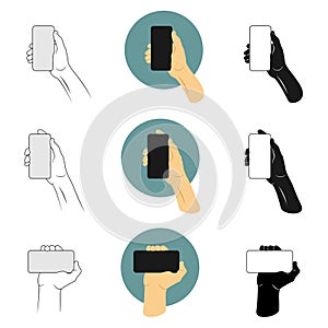 Vector illustration set man holding smartphone with the right hand to making selfie