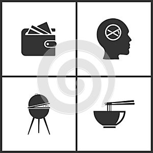 Vector Illustration Set Medical Icons. Elements of Wallet, No smoke, Barbecue grill and Noodle icon