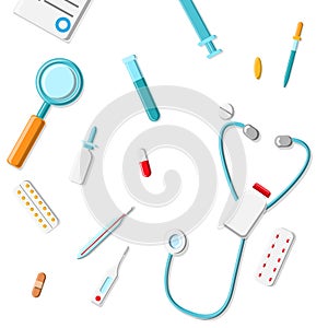 Vector illustration set of medical objects drugs drugs flasks stethoscopes microscopes tablets thermometers medical equipment