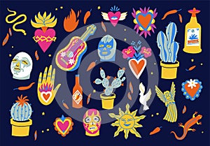 Vector illustration set of mexican culture symbols with traditional objects catholic religion symbolic.