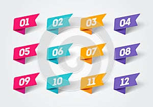Vector illustration set of modern flag style bullet points. Retro color Numbers 1 to 12.