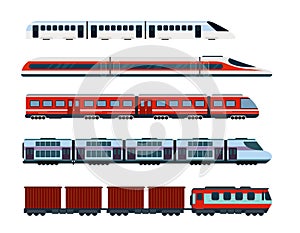 Vector illustration set of modern passenger trains. Subway transport, high speed trains and underground train. Metro