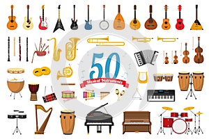 Set of 50 musical instruments in cartoon style isolated on white background photo