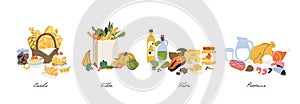 Vector illustration set of nutrition categories macronutrients. Fiber, proteins, fats and carbs illustrates in food
