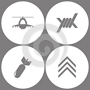 Vector Illustration Set Office Army Icons. Elements of military helicopter, Barbed Wire, Aviation Bomb and Military emblem rank i