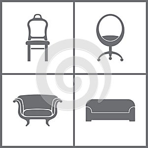 Vector Illustration Set Office Furniture Icons. Elements of Armchair, office chaire and Sofa icon