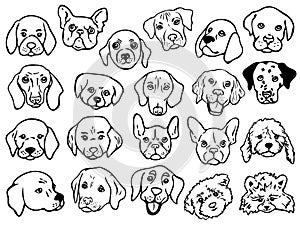 Vector illustration set with outlines of different breeds dog faces.