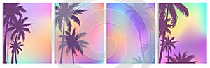 Vector illustration set of palm trees backgrounds, colorful palms silhouettes in flat style.