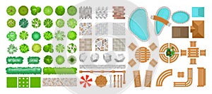 Vector illustration set of park elements for landscape design. Top view of trees, outdoor furniture, plants and photo