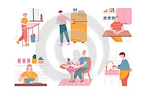 Vector illustration set of people cooking food at home. Man and woman cartoon characters eat and cook at home kitchen
