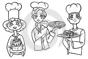 Vector illustration set of people icons. Cartoon and realistic cooks in black outline isolated on white background photo