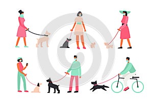 Vector illustration set of people wearing medical protection masks, people walking with dogs outside. Protection, virus