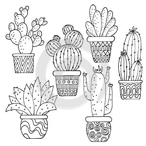 1595 cactus, vector illustration, set of pictures in black and white, cacti in pots