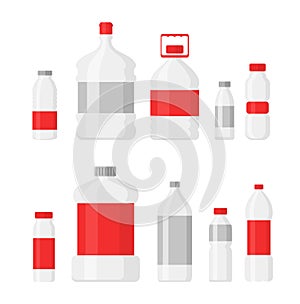 Vector illustration set of plastic bottles for drinking water and liquids, PET, recyclable. Different shapes of bottles