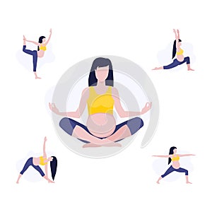 Vector illustration set of pregmant girl or woman doing yoga class. Healthy fitness pregnant, sport in pregnancy. Home activity,